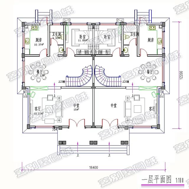 37萬(wàn)二層雙拼別墅設(shè)計(jì)圖，單戶帶4臥，適合農(nóng)村兩兄弟建造。