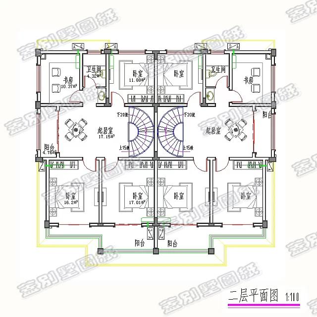 37萬(wàn)二層雙拼別墅設(shè)計(jì)圖，單戶帶4臥，適合農(nóng)村兩兄弟建造。