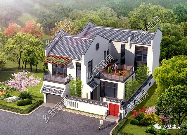 新中式二層小樓設(shè)計(jì)圖，帶車庫，設(shè)計(jì)新穎，經(jīng)濟(jì)實(shí)用，看完，你就信服了！