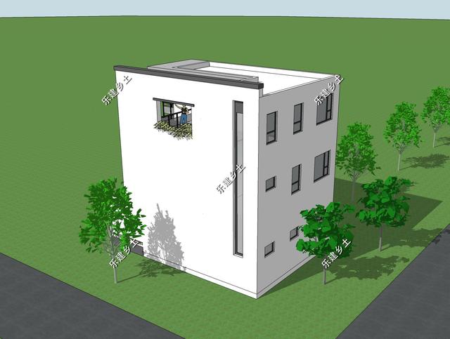 占地72平的三層純白現(xiàn)代別墅圖，外觀錯落有致，簡潔大方，現(xiàn)代感十足。