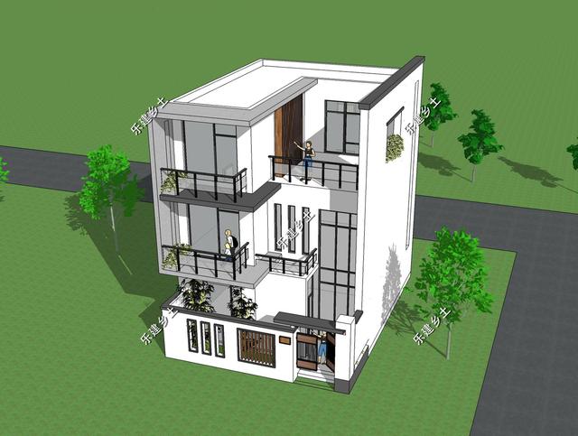 占地72平的三層純白現(xiàn)代別墅圖，外觀錯落有致，簡潔大方，現(xiàn)代感十足。