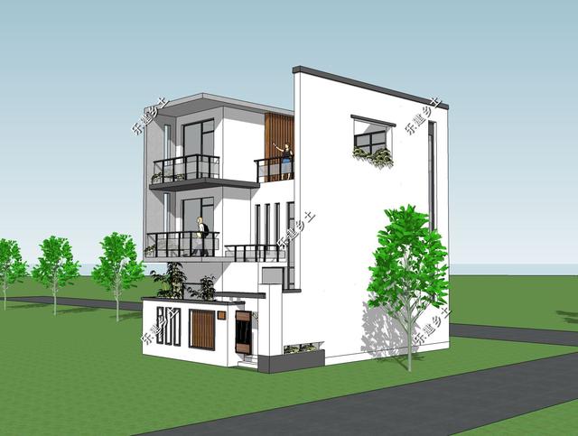 占地72平的三層純白現(xiàn)代別墅圖，外觀錯落有致，簡潔大方，現(xiàn)代感十足。