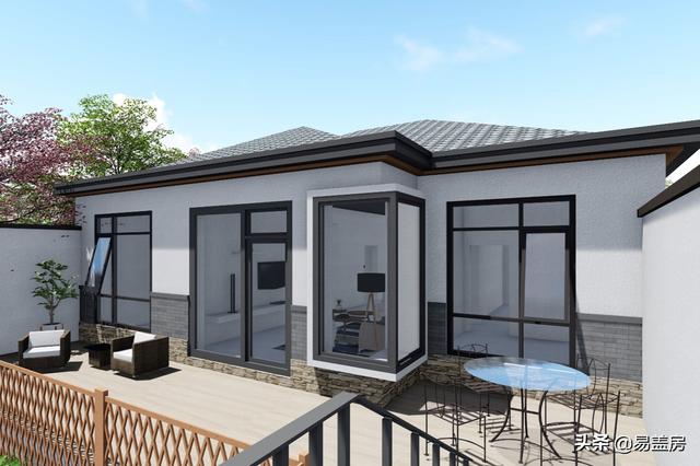 11.2m×12.5m北京一層現(xiàn)代別墅設計圖，造價21萬，落地窗大平臺真舒服