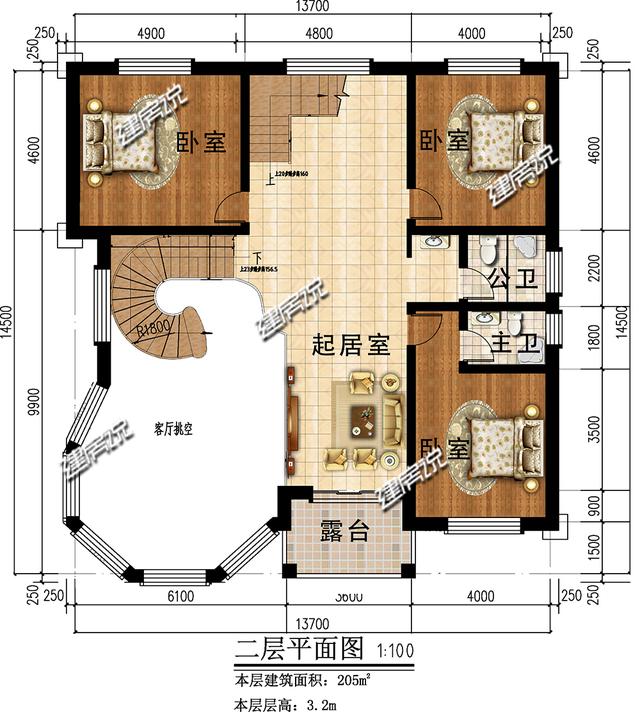 三層新型別墅，帶有挑空客廳和旋轉(zhuǎn)樓梯，時(shí)尚大氣。