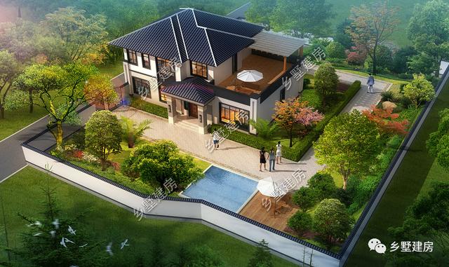 17.74X11.54米新中式二層別墅設(shè)計(jì)圖，帶泳池+庭院+露臺(tái)。