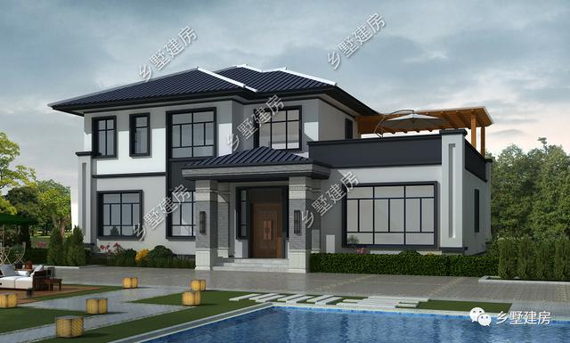 17.74X11.54米新中式二層別墅設(shè)計(jì)圖，帶泳池+庭院+露臺(tái)。