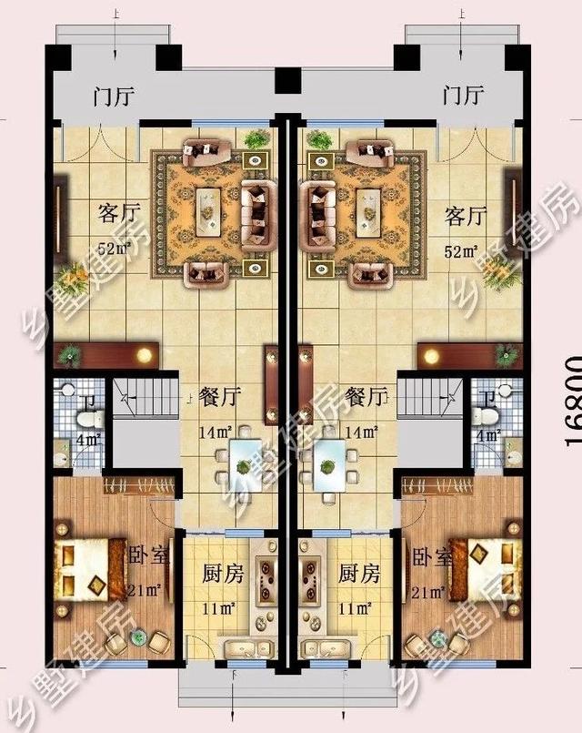14.9X16.8米雙拼三層別墅設計圖，兄弟姐妹住在一起其樂融融。
