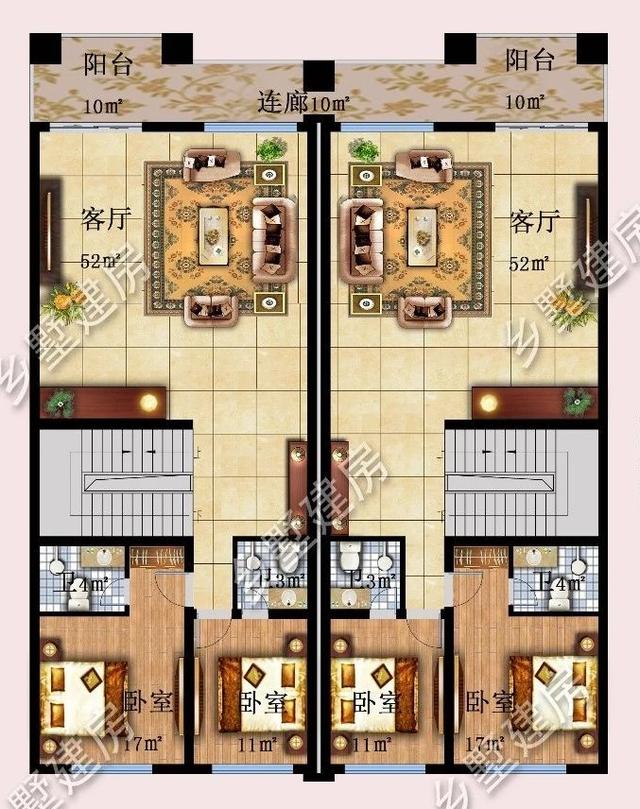 14.9X16.8米雙拼三層別墅設計圖，兄弟姐妹住在一起其樂融融。