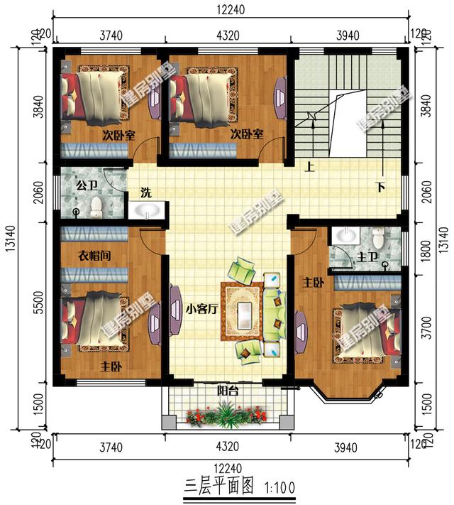 帶涼亭的四層農(nóng)村別墅設(shè)計(jì)圖，在大露臺(tái)，內(nèi)配11間臥室，業(yè)主嫌太少了。