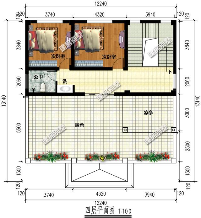 帶涼亭的四層農(nóng)村別墅設(shè)計(jì)圖，在大露臺(tái)，內(nèi)配11間臥室，業(yè)主嫌太少了。