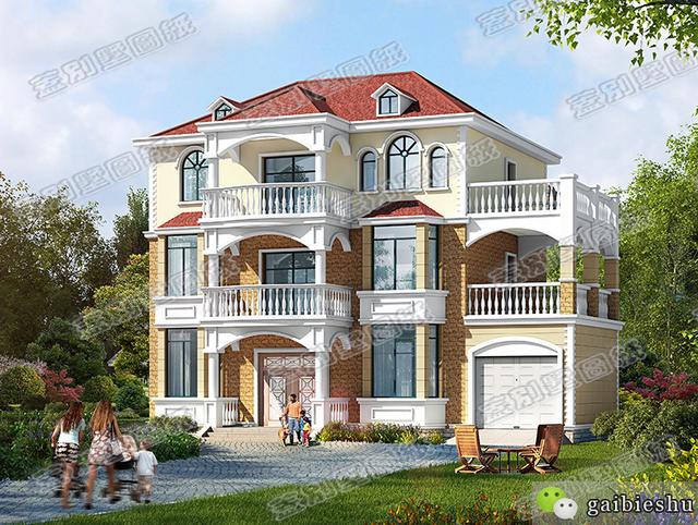 帶車庫(kù)的三層歐式別墅設(shè)計(jì)圖，大堂屋設(shè)計(jì)，功能性齊全。