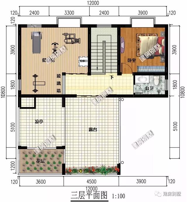 新中式風(fēng)格農(nóng)村別墅設(shè)計(jì)圖，12×10.8米配健身房和車庫(kù)