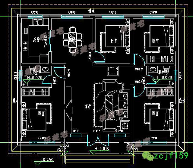 農(nóng)村一層養(yǎng)老別墅設(shè)計(jì)圖，13x11米，戶(hù)型對(duì)稱(chēng)，實(shí)用布局！