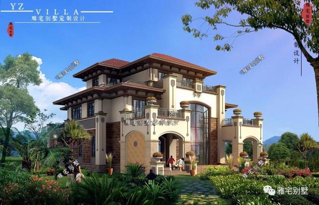 廣東三層歐式別墅設(shè)計圖，18x20米，挑空客廳，大露臺