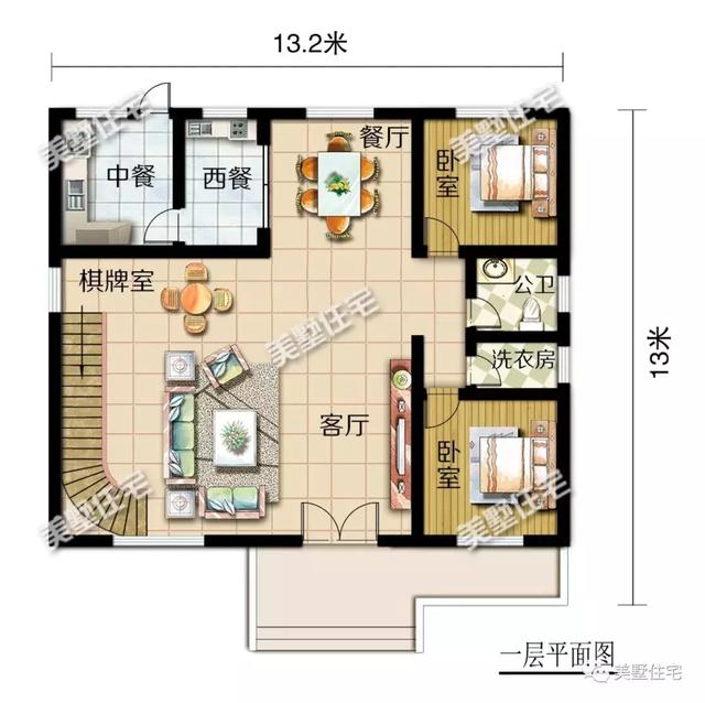方正實用的二層小別墅設(shè)計圖，挑高客廳+中西雙廚，油然而生一種體面之感