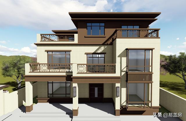 河南農村大氣新中式別墅設計圖，3露臺7臥室庭院實用，60萬建成村內最美