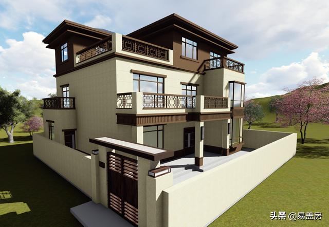 河南農村大氣新中式別墅設計圖，3露臺7臥室庭院實用，60萬建成村內最美