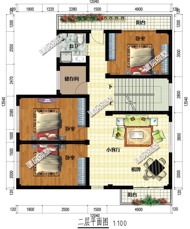 12x13.5三層簡單別墅設(shè)計圖，占地98平，二層空間超過140平