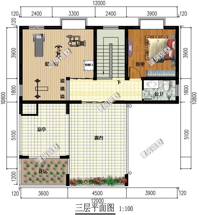 12x10.8新中式三層別墅設(shè)計圖，占地115平，頂層帶花壇，一層帶內(nèi)院車庫，