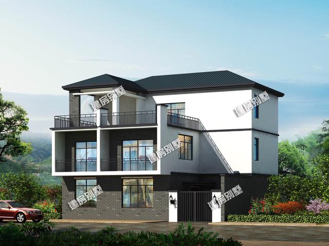 12x10.8新中式三層別墅設(shè)計圖，占地115平，頂層帶花壇，一層帶內(nèi)院車庫，