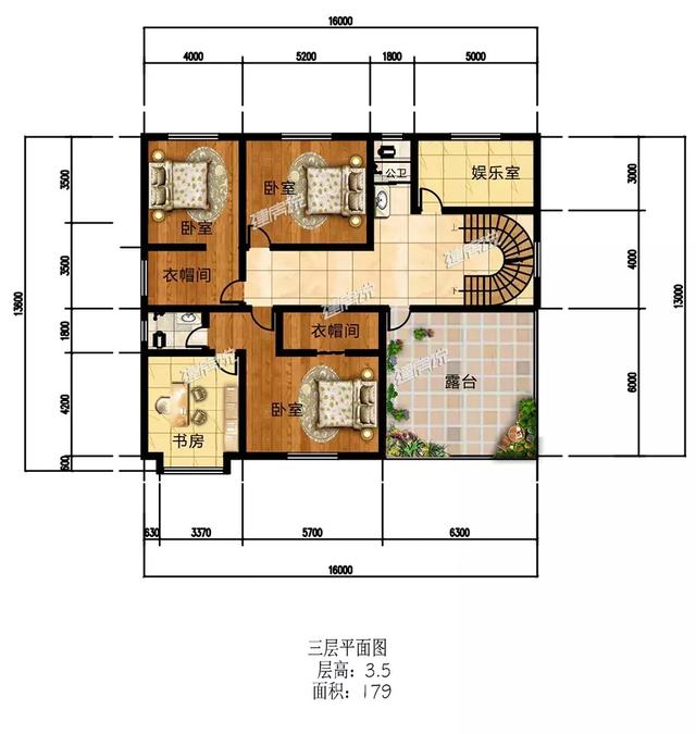 16X15三層歐式別墅設(shè)計(jì)圖，娛樂室+露臺+衣帽間，住的寬敞又舒適