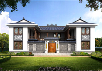 高端大氣中式四合院二層別墅小樓設(shè)計(jì)圖，外觀古香古色