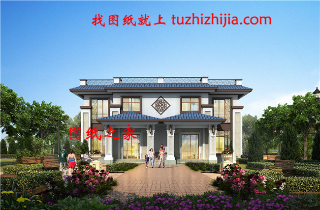 45萬新中式二層雙拼自建房別墅設(shè)計圖，一座矗立在山頂?shù)纳裨? width=