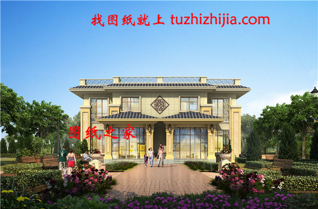 45萬新中式二層雙拼自建房別墅設(shè)計圖，一座矗立在山頂?shù)纳裨? width=