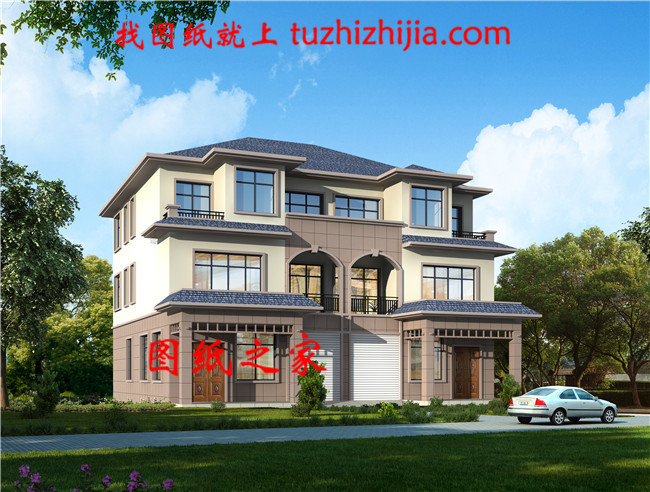   2019帶車庫三層雙拼別墅房屋設(shè)計圖，配色淡雅低調(diào)