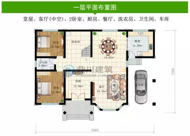 8款面寬15米的農村別墅設計圖，第1棟中式風格，第3棟帶車庫