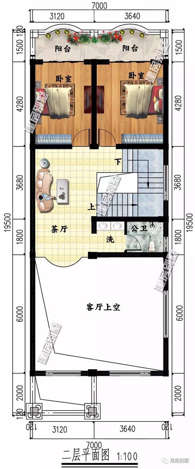 造價(jià)33萬左右寬7×18米農(nóng)村別墅設(shè)計(jì)圖，外觀是平屋頂戶型