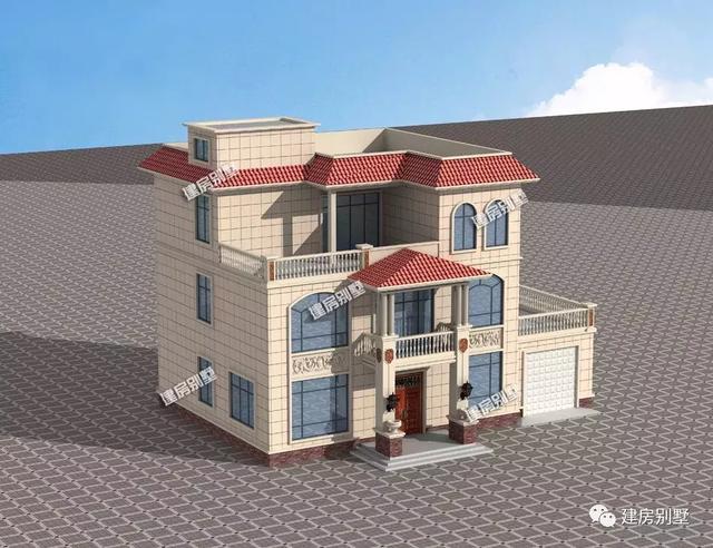 開間17.3×11.3米農(nóng)村別墅設(shè)計圖，室外設(shè)有大露臺和較小的觀景式?jīng)鐾?，涼亭處也可滿足下雨天的晾曬需要。