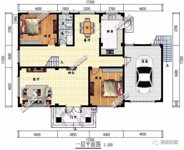 開間17.3×11.3米農(nóng)村別墅設(shè)計圖，室外設(shè)有大露臺和較小的觀景式?jīng)鐾ぃ瑳鐾ぬ幰部蓾M足下雨天的晾曬需要。