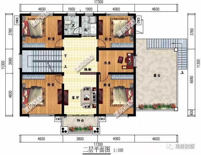 開間17.3×11.3米農(nóng)村別墅設(shè)計圖，室外設(shè)有大露臺和較小的觀景式?jīng)鐾?，涼亭處也可滿足下雨天的晾曬需要。