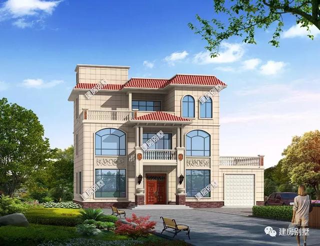 開間17.3×11.3米農(nóng)村別墅設(shè)計圖，室外設(shè)有大露臺和較小的觀景式?jīng)鐾?，涼亭處也可滿足下雨天的晾曬需要。