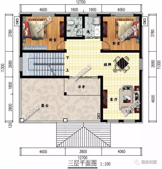 開間17.3×11.3米農(nóng)村別墅設(shè)計圖，室外設(shè)有大露臺和較小的觀景式?jīng)鐾?，涼亭處也可滿足下雨天的晾曬需要。