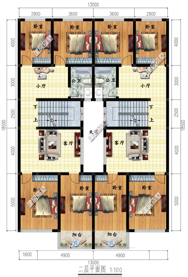 三層兄弟雙拼別墅設(shè)計(jì)圖，13×18.5，帶天井設(shè)計(jì)