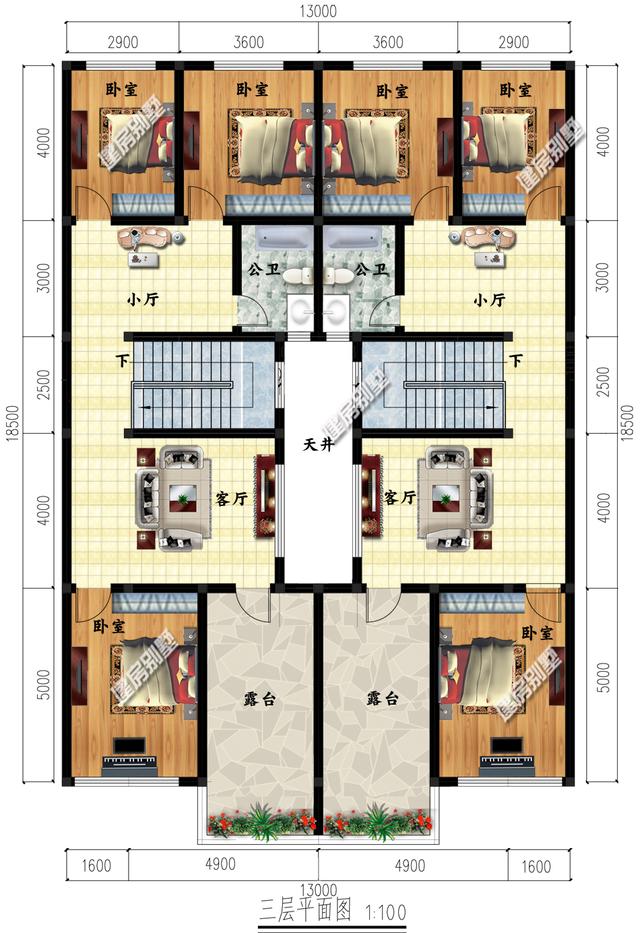 三層兄弟雙拼別墅設(shè)計(jì)圖，13×18.5，帶天井設(shè)計(jì)