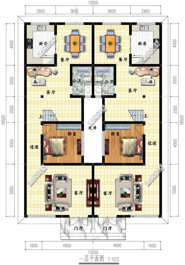 三層兄弟雙拼別墅設(shè)計(jì)圖，13×18.5，帶天井設(shè)計(jì)