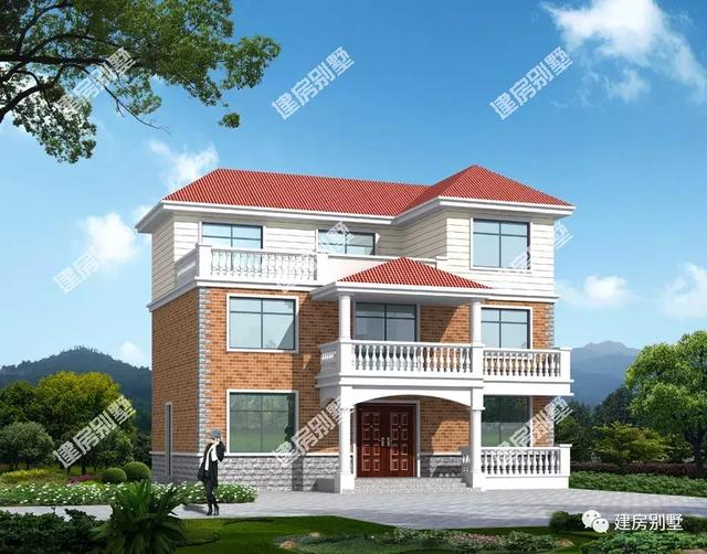 兩棟簡約風(fēng)格自建房設(shè)計圖，第二棟屋頂帶觀景涼亭