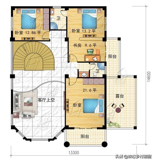 清新簡(jiǎn)約三層新農(nóng)村別墅設(shè)計(jì)圖，13.3X14.6米，帶車庫(kù)設(shè)計(jì)框架造價(jià)35萬