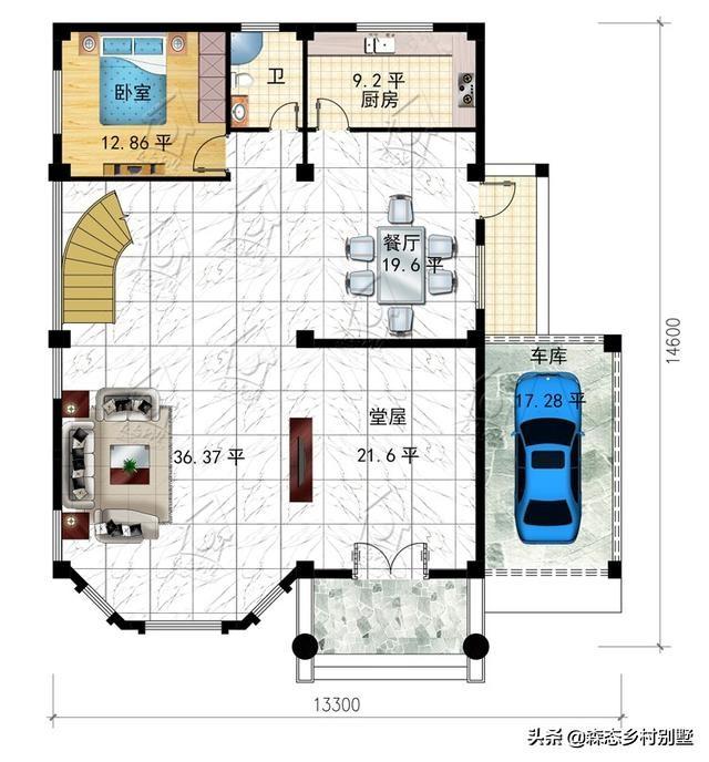 清新簡(jiǎn)約三層新農(nóng)村別墅設(shè)計(jì)圖，13.3X14.6米，帶車庫(kù)設(shè)計(jì)框架造價(jià)35萬