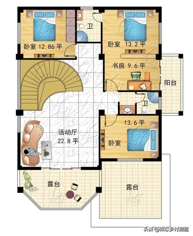 清新簡(jiǎn)約三層新農(nóng)村別墅設(shè)計(jì)圖，13.3X14.6米，帶車庫(kù)設(shè)計(jì)框架造價(jià)35萬