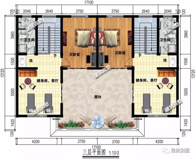 四開間設(shè)計(jì)的三層雙拼別墅設(shè)計(jì)圖，兩戶家庭都有各自的獨(dú)立生活區(qū)域，又能保持一定的聯(lián)系性