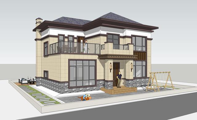 簡單實(shí)用造價不高的農(nóng)村二層別墅設(shè)計圖，坐北朝南的庭院，南北通過主體建筑劃分為前后庭院。