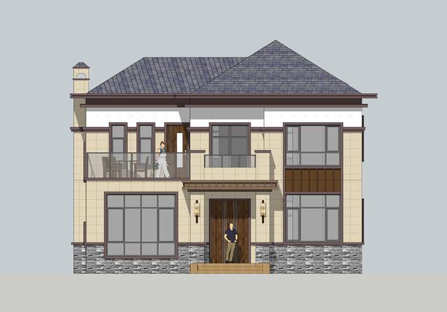 簡單實(shí)用造價不高的農(nóng)村二層別墅設(shè)計圖，坐北朝南的庭院，南北通過主體建筑劃分為前后庭院。