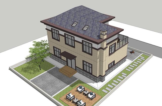 簡單實(shí)用造價不高的農(nóng)村二層別墅設(shè)計圖，坐北朝南的庭院，南北通過主體建筑劃分為前后庭院。