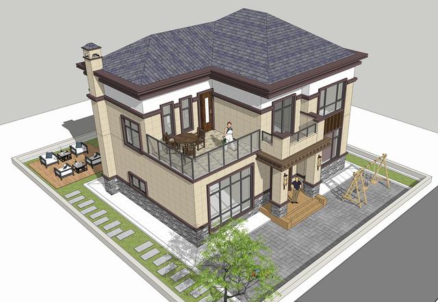 簡單實(shí)用造價不高的農(nóng)村二層別墅設(shè)計圖，坐北朝南的庭院，南北通過主體建筑劃分為前后庭院。