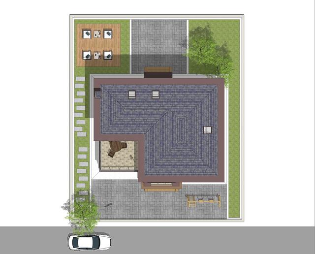 簡單實(shí)用造價不高的農(nóng)村二層別墅設(shè)計圖，坐北朝南的庭院，南北通過主體建筑劃分為前后庭院。