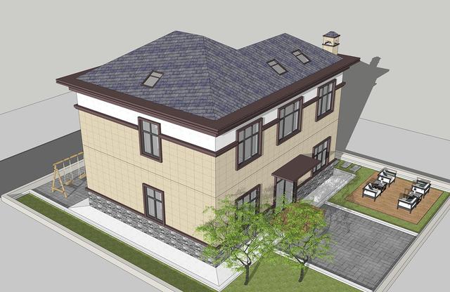 簡單實(shí)用造價不高的農(nóng)村二層別墅設(shè)計圖，坐北朝南的庭院，南北通過主體建筑劃分為前后庭院。